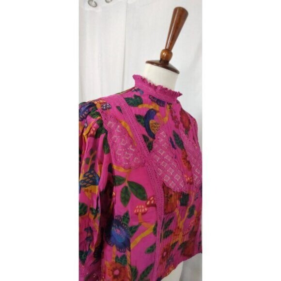 Farm Rio Blouse S Pink Sweet Forest Lace Tropical Floral High Neck Pin - Picture 13 of 15